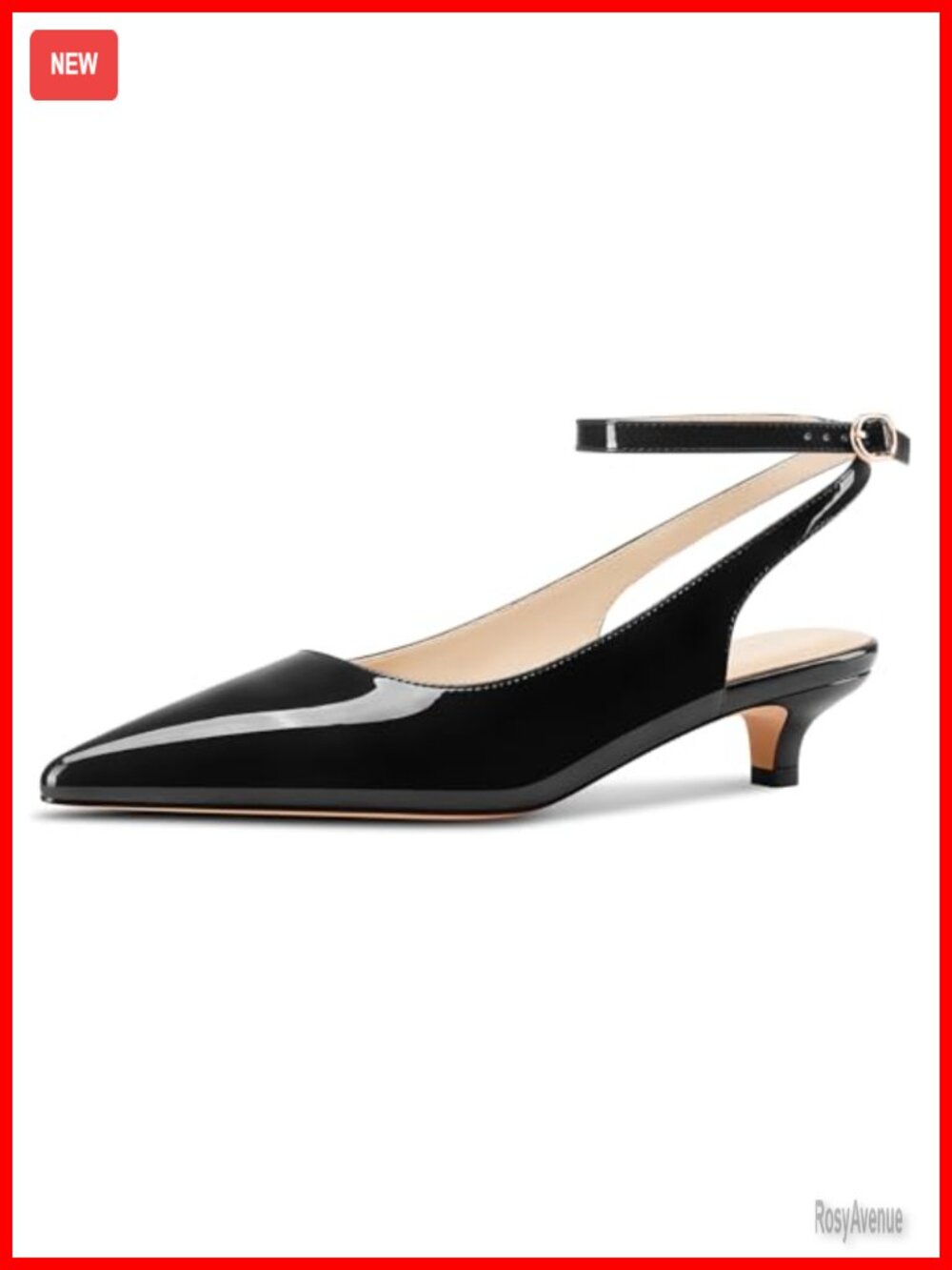 Kitten Heel Pointed Toe Slingback Ankle Strap Patent Leather Pumps